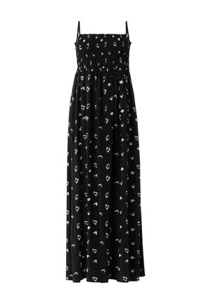 Zwarte maxi-jurk met een gesmokte borst, dunne bandjes en witte abstracte patronen. Lichtgewicht stof, vloeiende vorm en lengte tot de enkels.
