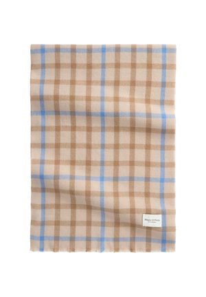 Écharpe beige avec un motif à carreaux beige clair et bleu, de forme rectangulaire, texture douce, et une petite étiquette de marque blanche dans un coin.