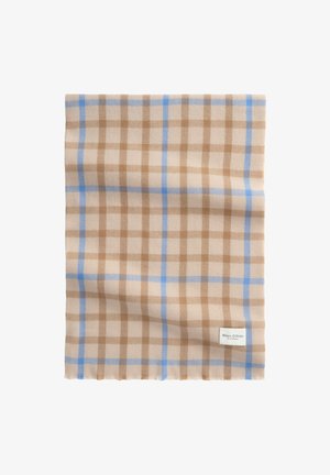 Beige scarf with light brown and blue plaid pattern, rectangular shape, soft texture, and a small white brand label in the corner.