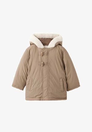 Beige gefütterter Wintermantel mit einer flauschigen cremefarbenen Innenauskleidung, zwei Fronttaschen, Toggle-Verschlüssen und einem weichen, strukturierten Außenmaterial.