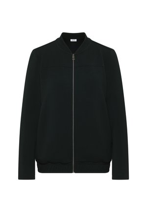 Giacca bomber nera con zip, collo a girocollo, tessuto elasticizzato, orlo a costine e pannelli sulle spalle testurizzati. Presenta una zip argentata.