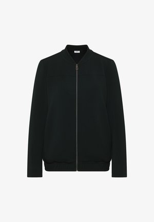 Sort bomberjakke med lynlås, crew neck, strækstof, ribbet kant og teksturerede skulderpaneler. Har en sølv lynlås.