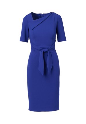 Königsblaues Kleid mit kurzen Ärmeln, einer figurbetonten Silhouette, asymmetrischem Ausschnittdesign und einer gebundenen Taillenapplikation. Glatte Stoffstruktur.