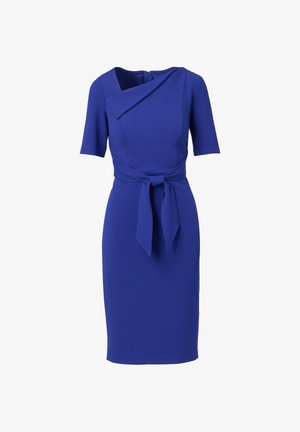 Königsblaues Kleid mit kurzen Ärmeln, einer figurbetonten Silhouette, asymmetrischem Ausschnittdesign und einer gebundenen Taillenapplikation. Glatte Stoffstruktur.