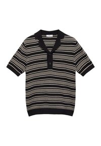 Pruhované polo triko v černé a krémové barvě, s límcem a třemi knoflíkovými dírkami. Vyrobeno z texturovaného pleteného materiálu. Krátké rukávy.