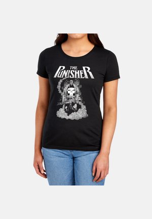 Woman wearing a black t-shirt with "The Punisher" text and a graphic of a skull and armed figure surrounded by smoke.