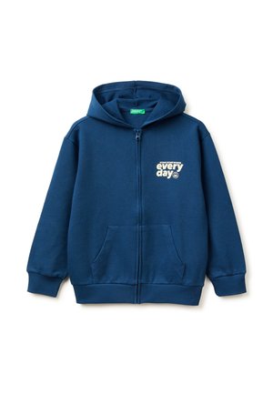 Blue zip-up hoodie with front pockets, ribbed cuffs, and white text "going somewhere every day" on left chest.