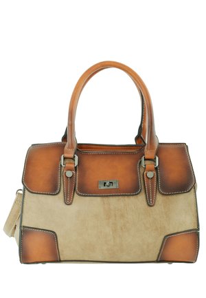 Handtas met lichtbruine leren handvaten en boorden, beige body en zilveren draaisluiting op de voorflap.