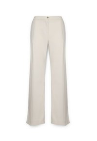 Pantalones anchos beige con una textura suave, bolsillos frontales y un cierre de botón en la cintura. Presenta un diseño limpio y ajustado.