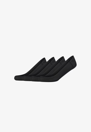 Mustad musta sokke elastse ülemise osa, sileda tekstuuri ja ribakujundusega, mõeldud jalatsite all peidetud kandmiseks. Komplekt neljast paarist.