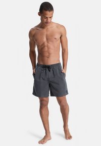 Pilkos spalvos maudymosi šortai su raišteliu liemens srityje, šoninėmis kišenėmis ir siūtais detalėmis. Audinys atrodo lengvas ir lygus.