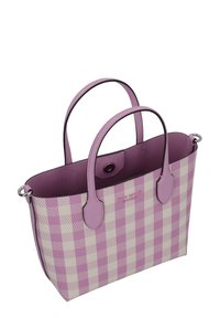 Lila und creme kariertes Tote Bag mit zwei Griffen, glattes Leder material, Druckknopfverschluss und Innenfutter in einfarbig lila.