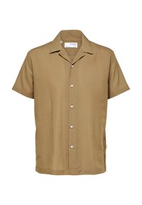 Kortärmad skjorta med krage i ljusbrun färg, tillverkad av ett mjukt tyg med fem knäppningar och utan fickor.