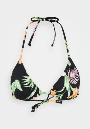 Svart bikinioverdel med trekantkopper, blomsterdesign i grønt, rosa og oransje, og justerbare bånd i nakken og på ryggen. Glatt tekstur.