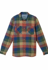 Flanellhemd mit einem mehrfarbigen Karomuster in Rot, Grün, Blau und Gelb. Verfügt über Knopfschlüsse und zwei Brusttaschen.