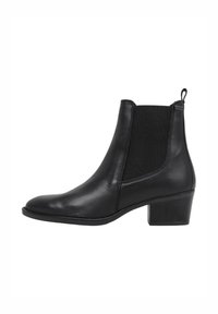 Black leather ankle boot with a rounded toe, elastic side panels, and a low block heel. Features a textured finish and pull tab.