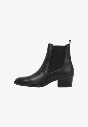 Black leather ankle boot with a rounded toe, elastic side panels, and a low block heel. Features a textured finish and pull tab.