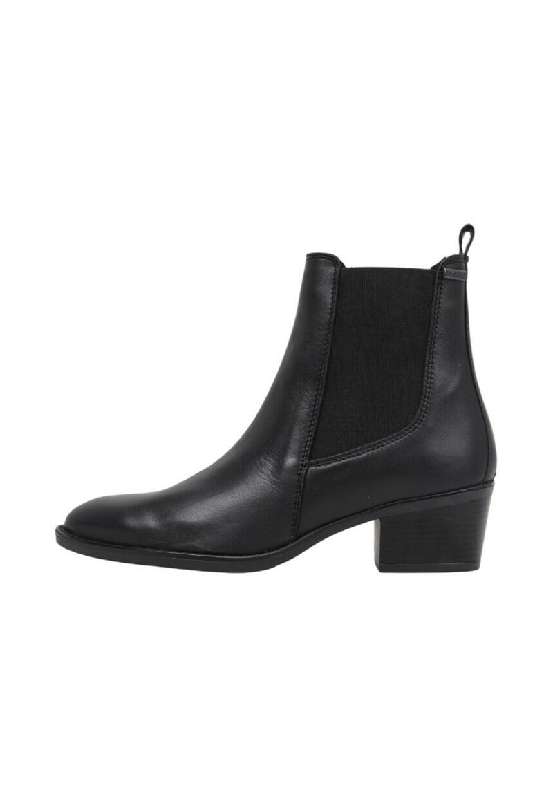 Black leather ankle boot with a rounded toe, elastic side panels, and a low block heel. Features a textured finish and pull tab.