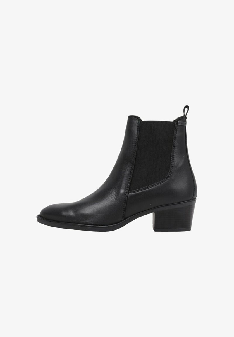 Black leather ankle boot with a rounded toe, elastic side panels, and a low block heel. Features a textured finish and pull tab.