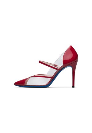 Red patent leather high-heeled shoe with pointed toe, clear PVC sides, two red straps, and a blue sole.