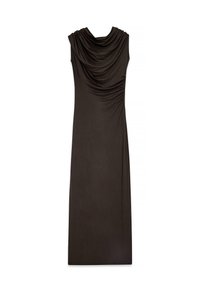 Abito senza maniche di un marrone scuro, con scollatura drappeggiata e arricciature sul lato. Realizzato in tessuto liscio e elasticizzato. Silhouette lunga e dritta.