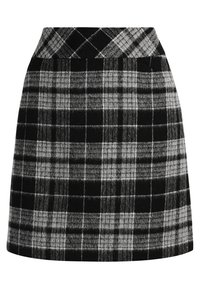 Jupe à carreaux noir et gris en tissu doux. Présente une taille cintrée et un ourlet évasé avec un motif à carreaux classique.