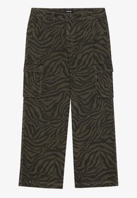 Cargo pants in dark olive green with a black tiger stripe pattern. Features multiple side pockets and a loose, relaxed fit.