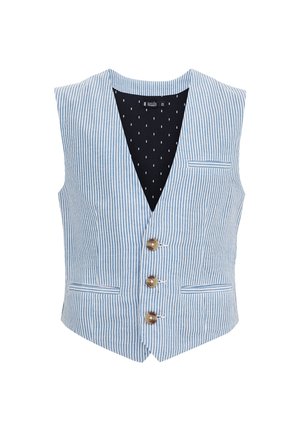 Pasiasty niebiesko-biały kamizelka z dekoltem w serek, trzy drewniane guziki i dwie przednie kieszenie; czarna podszewka z białymi kropeczkami.