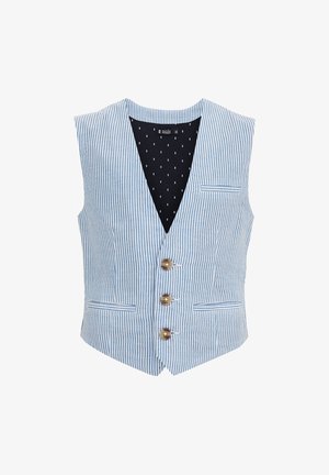 Gilet rayé bleu et blanc avec un col en V, trois boutons en bois et deux poches avant ; doublure intérieure noire avec des pois blancs.