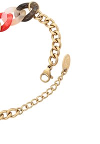 Gouden kettingarmband met een karabijnsluiting, featuring grote meerkleurige hars schakels in rood, beige, bruin en grijs.