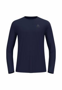 Marineblaues Langarmshirt aus leichtem Material mit runden Halsausschnitt und dezentem Logo-Detail auf der oberen linken Brust.
