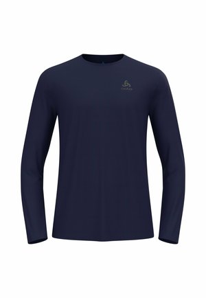 Navy long-sleeve shirt made from lightweight fabric with a crew neckline and subtle logo detail on the upper left chest.