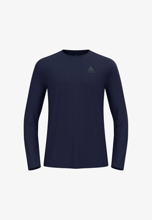 Marineblauwe langesleeve shirt gemaakt van lichtgewicht stof met een ronde hals en subtiele logodetails op de bovenste linkerkant van de borst.