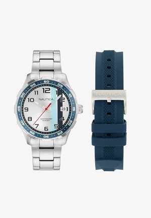 Meeste Nautica käekell hõbedase metallriba, valge sihverplaadiga siniste ja mustade detailidega, kuupäeva näidikuga ning lisaks sinise silikoonist rihmaga.