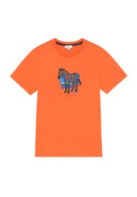 Camiseta de algodón naranja con un gráfico de cebra en azul y negro en la parte frontal, mangas cortas y cuello redondo.