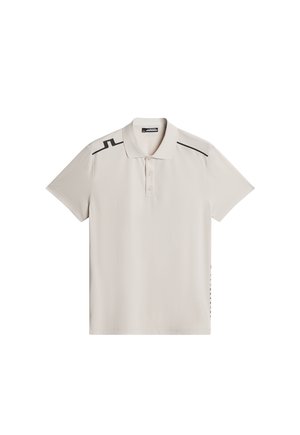 Helles graues Poloshirt aus glattem Stoff. Hat schwarze Akzente an den Schultern und an der Seite, einen Drei-Knopf-Verschluss und kurze Ärmel.