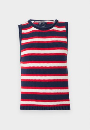 Μπλούζα πλεκτή χωρίς μανίκια με οριζόντιες ρίγες σε ναυτικό μπλε, λευκό και κόκκινο χρώμα και στρογγυλή λαιμόκοψη.