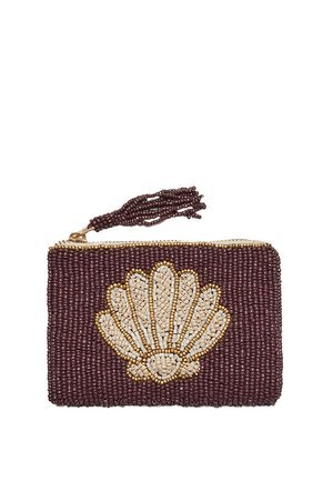 Kleines rechteckiges Täschchen, verziert mit lila Perlen und einem beigen und goldenen Muschel-Design, mit einem perlenbesetzten Quasten-Reißverschluss.