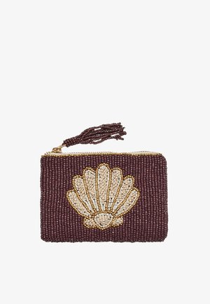 Kleines rechteckiges Täschchen, verziert mit lila Perlen und einem beigen und goldenen Muschel-Design, mit einem perlenbesetzten Quasten-Reißverschluss.