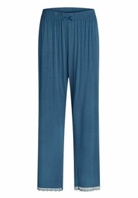 Siniset pyjamat, jotka on valmistettu pehmeästä kankaasta ja joissa on joustava vyötärö, jossa on nyöri, sekä pitsireuna helman ympärillä. Suora lahjemuoto.