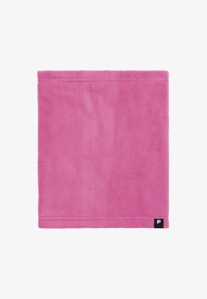 Tour de cou en polaire, rose vif, texture douce, forme rectangulaire, bords finis, avec une petite étiquette noire dans un coin.
