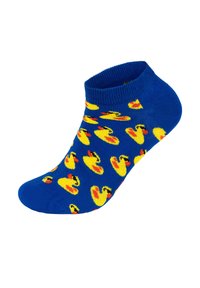 Blue ankle sock with yellow rubber duck patterns and red accents. Made of soft fabric, featuring a ribbed cuff for comfort and fit.