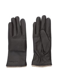 Brązowe skórzane rękawice z gładkim wykończeniem, z falbankowym wykończeniem na plecach, miękką podszewką wewnętrzną i dopasowanym mankietem.