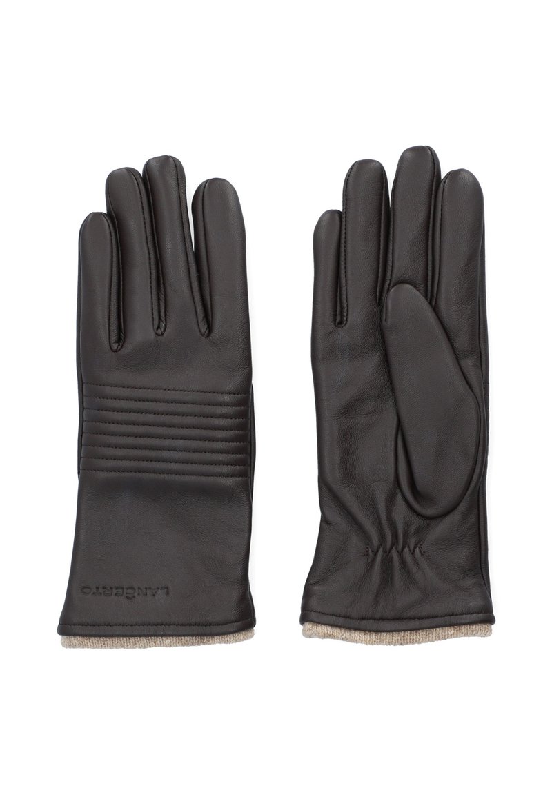 Brązowe skórzane rękawice z gładkim wykończeniem, z falbankowym wykończeniem na plecach, miękką podszewką wewnętrzną i dopasowanym mankietem.