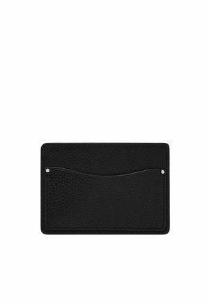 Black leather cardholder with a textured finish, featuring two open slots and a sleek design. Includes silver-toned hardware accents.