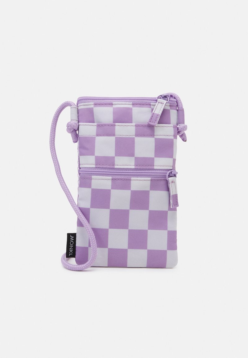 Piccola pochette a tracolla a scacchi lavanda e bianco con due scomparti con zip e tracolla regolabile.