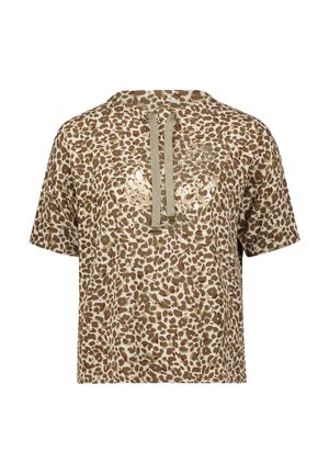 Beżowo-brązowa bluza z kapturem w panterkę z krótkim rękawem, z sznurkami z przodu i subtelnym błyszczącym logo na piersi.