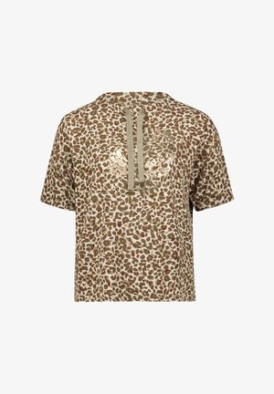 Beżowo-brązowa bluza z kapturem w panterkę z krótkim rękawem, z sznurkami z przodu i subtelnym błyszczącym logo na piersi.