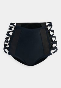 Magas derekú fürdőnadrág sötétkéken, hálós betétekkel és átlós pántokkal, amelyek kör alakú fémrész által vannak rögzítve az oldalakon.