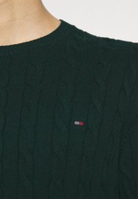 Pull en maille torsadée vert foncé avec col rond et petit logo rectangulaire rouge, blanc et bleu sur la poitrine.
